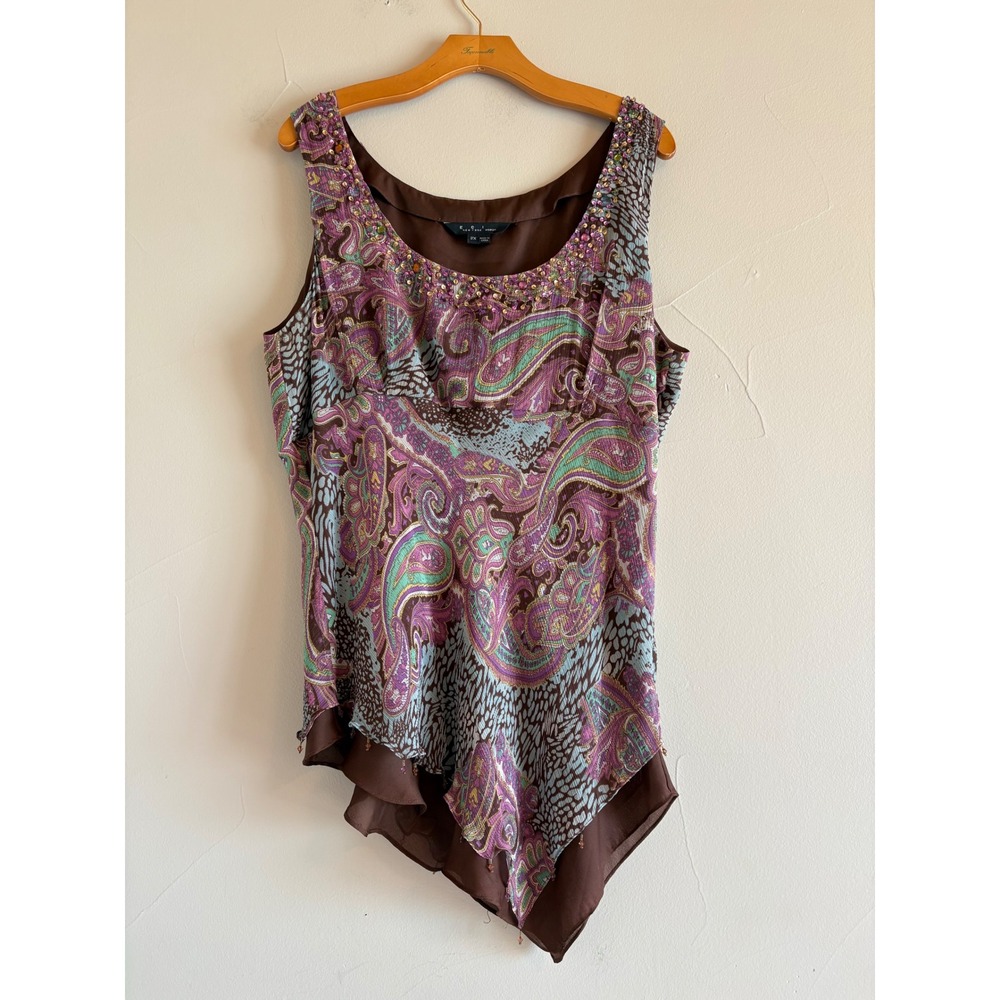 ECI New York Vintage 100% Silk Paisley Beaded Asymmetrical Tank Top 2X Brown